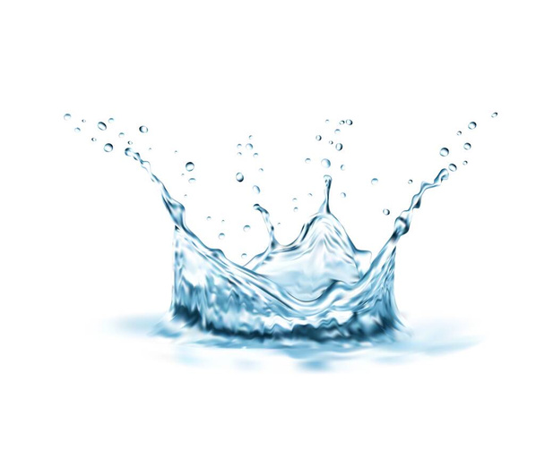 Korunní voda šplouchá s vírem a kapky realistický vektor. 3D cákanec modré čisté tekutiny ve tvaru koruny, křišťálová vodní plocha s vlnami, vlnami, bublinkami a kapkami, čistě akvarely - Vektor, obrázek