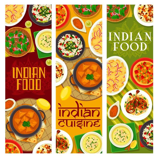 Ινδική κουζίνα vector banners λαχανικών σαλάτα φακές ή κρεμμύδι πατάτας κάρυ batato piyava upkari, γαρίδες masala σε chapati flatbread. Πόδια κοτόπουλου με καρύδια αμυγδάλου, τυρί σε κρέμα σάλτσα πανίρ γεύματα - Διάνυσμα, εικόνα