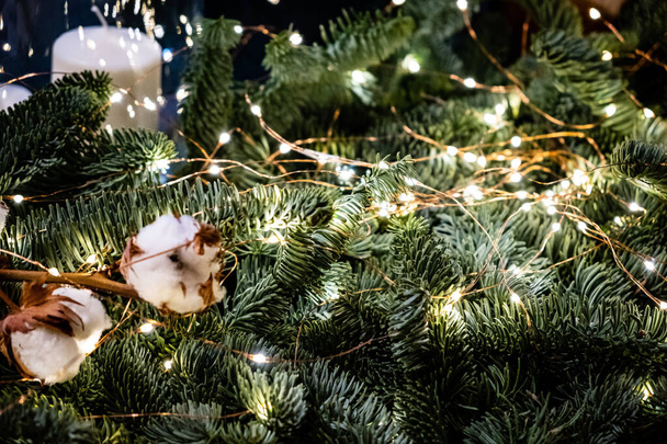 Christmas decoration with cotton and lights - Zdjęcie, obraz