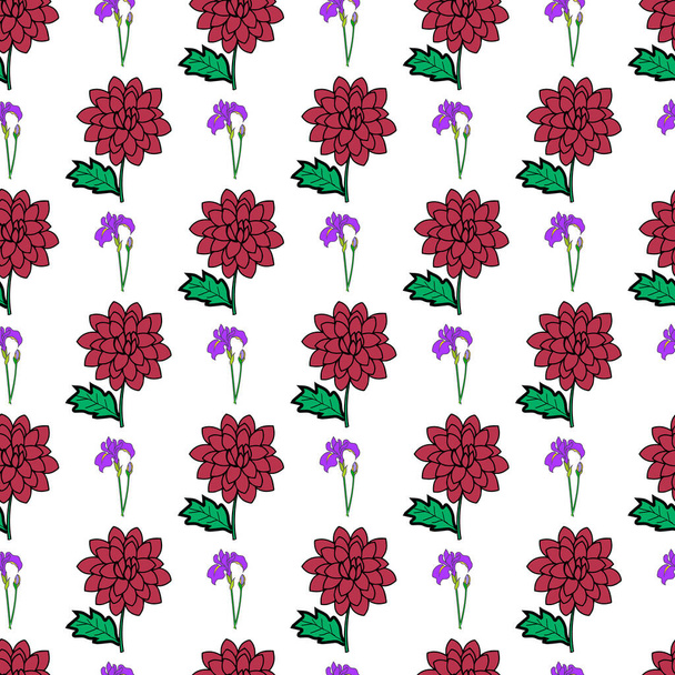 chrysanthemum & Iris Flower Mix Seamless Pattern Design - Vektör, Görsel