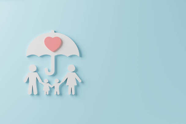 Ziektekostenverzekering gezinsconcept. Bovenaanzicht van icoon familie en paraplu met hart op lichtblauwe achtergrond. 3d destructie - Foto, afbeelding