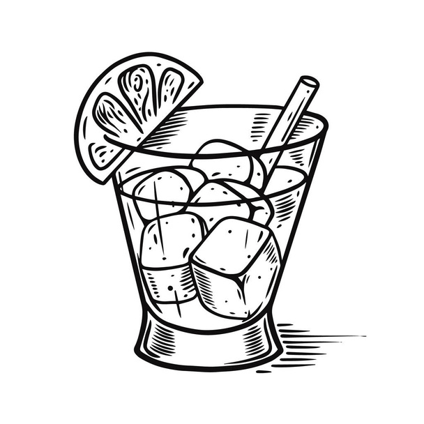 Cocktail with lemon and ice cube. Hand drawn vintage style. Engraving vector illustration. - Вектор,изображение