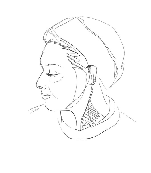 Boceto de una línea vectorial de medio giro de la cara de una mujer adulta de Oriente Medio con un turbante en la cabeza. Retrato dibujado a pluma sobre papel blanco. Dibujo lineal a mano alzada a lápiz. - Vector, imagen