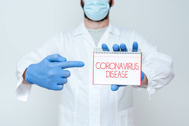 Inspiráló szöveg a Coronavirus betegségről. Szó Írta a betegség által okozott új vírus SARSCoV2 tudós bemutatja az új kutatási, vegyész tervezés előzetes eljárások - Fotó, kép