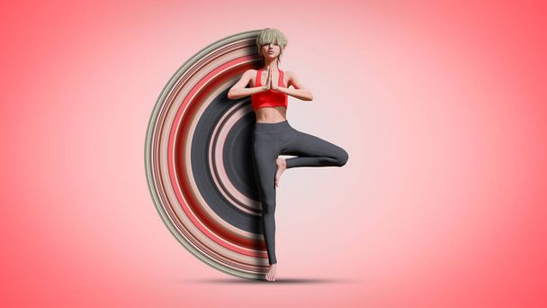 3D realistic girl practicing yoga with effect color stretch. 3D render - Photo, Image