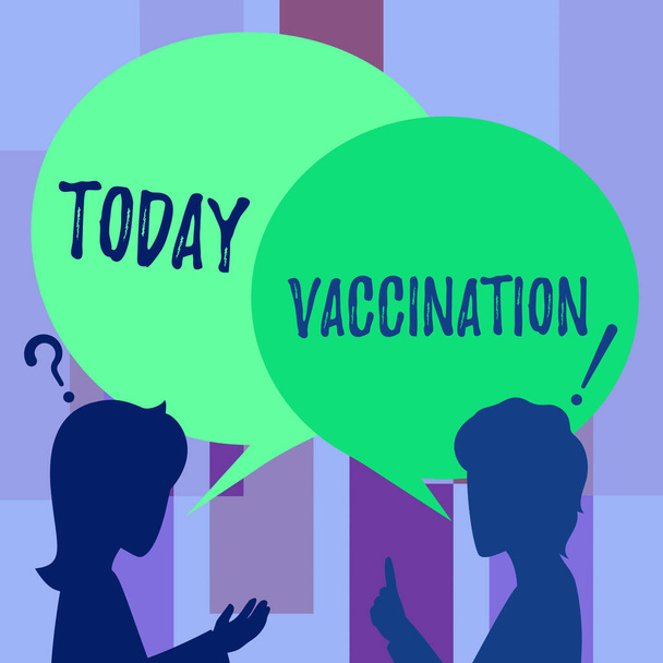 Text caption presenting Vaccination. Conceptual photo Treatment which makes the body stronger against infection Couple Drawing With Chat Cloud Talking To Each Other Sharing Ideas. - Foto, Imagem