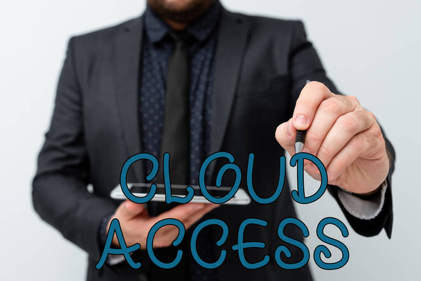 Znak tekstowy pokazujący Cloud Access. Koncepcja biznesowa Narzędzie programowe między organizacją a dostawcą Prezentacja nowych pomysłów technologicznych Dyskusja na temat ulepszeń technologicznych - Zdjęcie, obraz