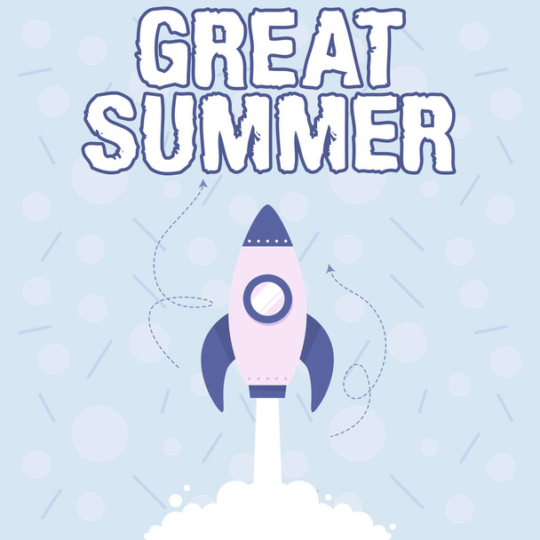 Writing displaying text Great Summer. Internet Concept Having Fun Good Sunshine Going to the beach Enjoying outdoor Illustration Of Rocket Ship Launching Fast Straight Up To The Outer Space. - Foto, Bild