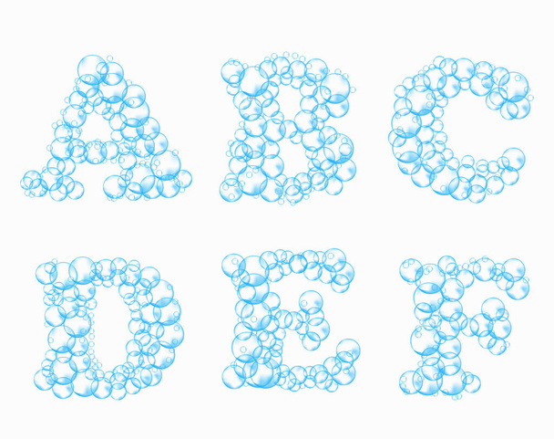 Alfabeto di bolle di sapone. Acqua suds lettere a, b, c, d, e, f. Caratteri vettoriali realistici isolati su sfondo bianco - Vettoriali, immagini