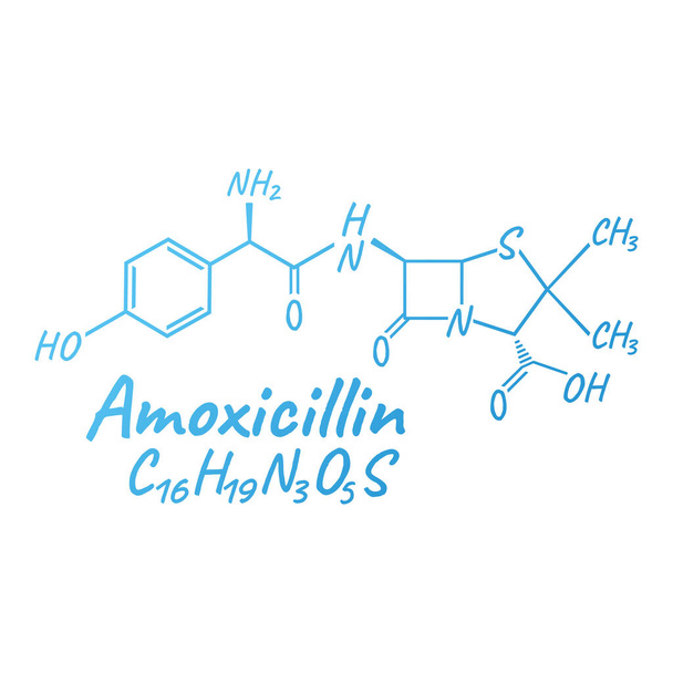 アモキシシリン系抗生物質化学式と組成物,概念構造医学薬,白い背景に隔離された,ベクトル図.抗菌薬生化学的有機製品. - ベクター画像