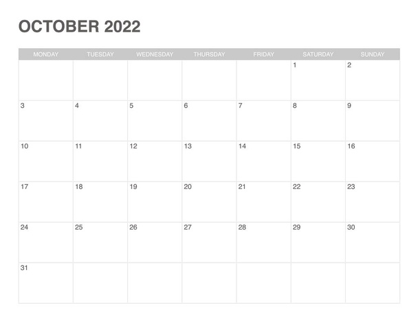 simple calendar october 2022 , start monday - Vector, Image