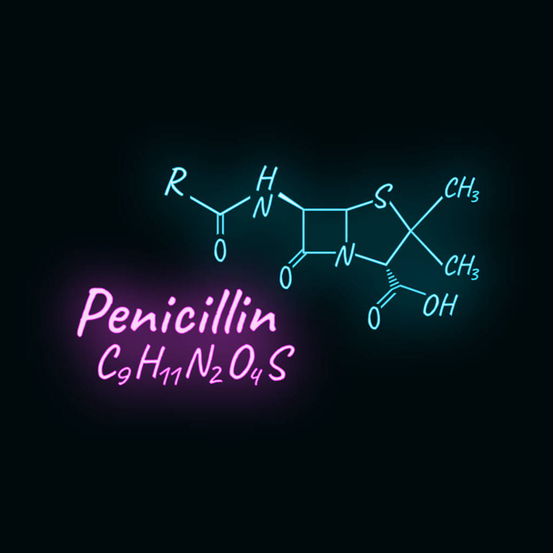ペニシリン系抗生物質化学式と組成、黒の背景に隔離された概念構造薬、ネオンスタイルのベクトルイラスト。抗菌薬生化学的有機製品. - ベクター画像