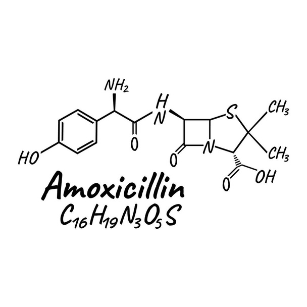 アモキシシリン系抗生物質化学式と組成物,概念構造医学薬,白い背景に隔離された,ベクトル図.抗菌薬生化学的有機製品. - ベクター画像