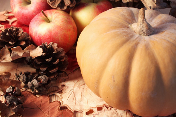 秋のテーブル、カボチャ、リンゴ、木製の表面に円錐形 - 写真・画像