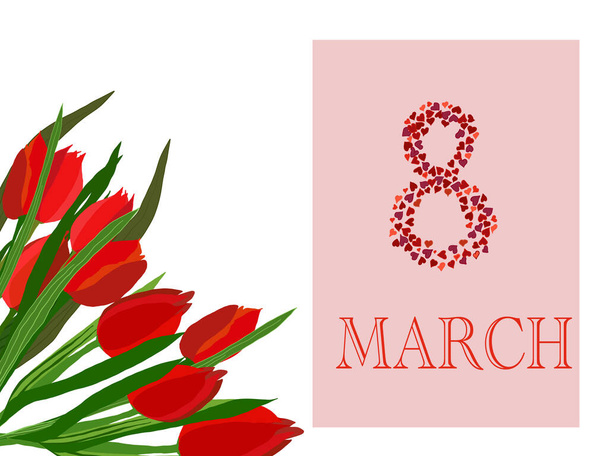Slavnostní přání na 8. března. Květinové světlé pozadí z červených tulipánů. Místo pro text. - Vektor, obrázek