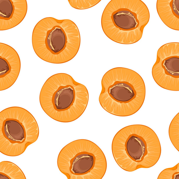 Apricots seamless pattern. Orange fruit halves with kernel. Food background. Vector cartoon flat illustration. - Vetor, Imagem