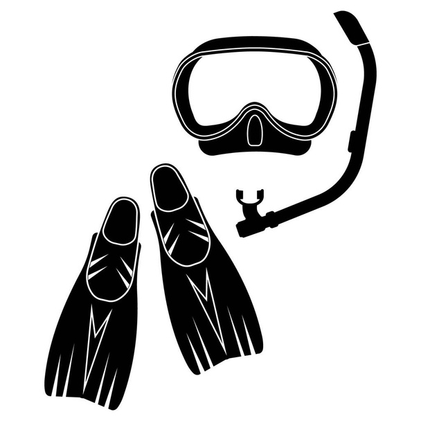 ダイビングマスクとフィン、絶縁ベクトルイラスト、ブラックシルエットアイコン - ベクター画像