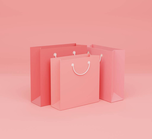 3D illustration, Pink Shopping bags on Pink background. - Valokuva, kuva