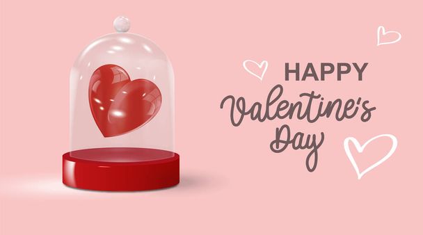 A festive banner for Valentine's Day. A heart in a glass flask on a pedestal and a calligraphic inscription on a pink background for greeting cards, headlines and a website, vector desig - Vector, Image