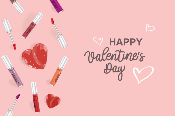A festive banner for Valentine's Day. Realistic cosmetics with a heart and a calligraphic inscription on a pink background for greeting cards, headlines and website, vector design. - Vektör, Görsel