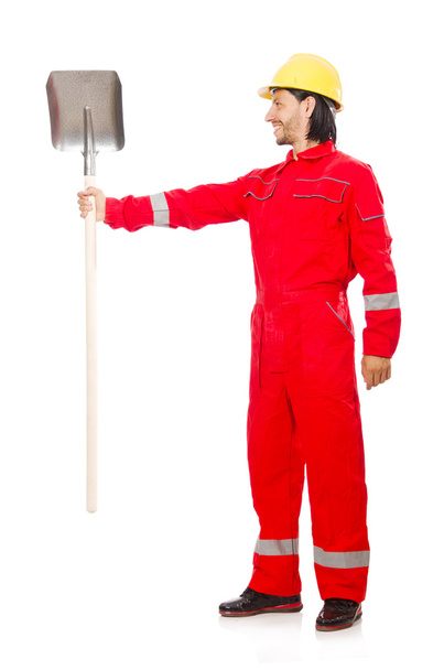 Man in red coveralls with spade - Photo, Image