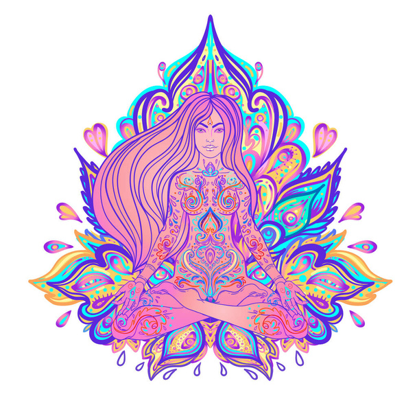 Beautiful Girl sitting in lotus position over ornate colorful neon background. Vector illustration. Psychedelic mushroom composition. Buddhism esoteric motifs. - Vektor, kép