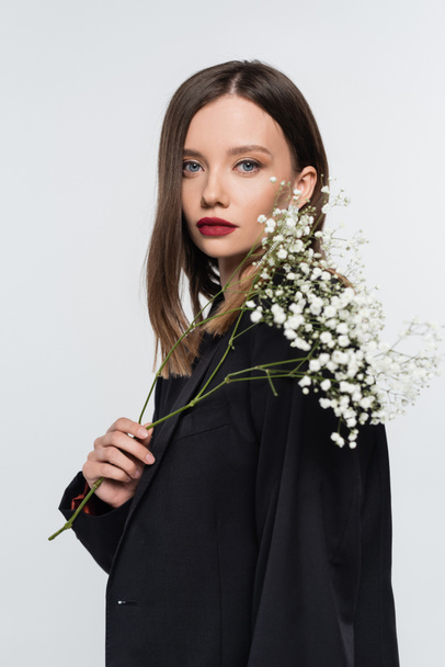 seductive brunette woman in black blazer looking at camera while holding branch of gypsophila isolated on grey - Fotoğraf, Görsel