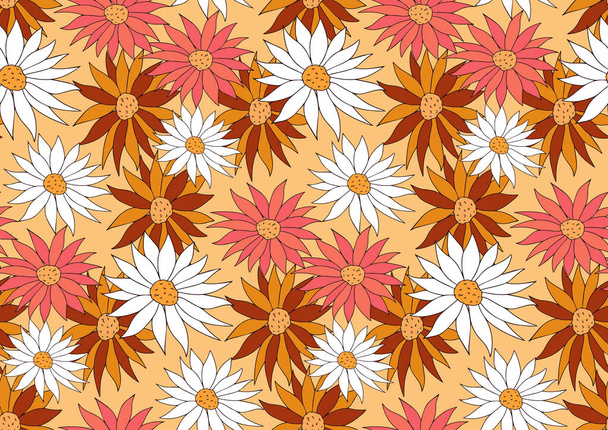 Retro flowers 70s seamless pattern. Hippie flower power repeating texture, background. Vector illustration - Vecteur, image