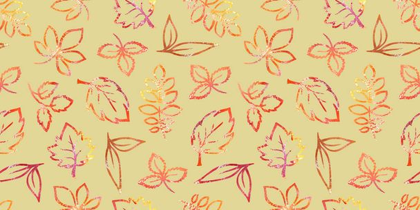 Multicolor Autumn watercolor floral Seamless pattern red, orange and brown fall Leave on yellow green background. Flowers element with packaging - Valokuva, kuva