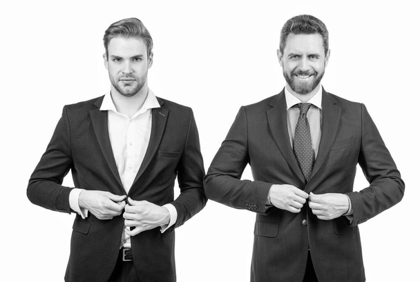 buttoning jacket. businessmen isolated on white. boss and employee. confident business partners. - Fotografie, Obrázek