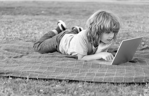 kisgyermek használja a modern vezeték nélküli laptop park fű, online oktatás - Fotó, kép