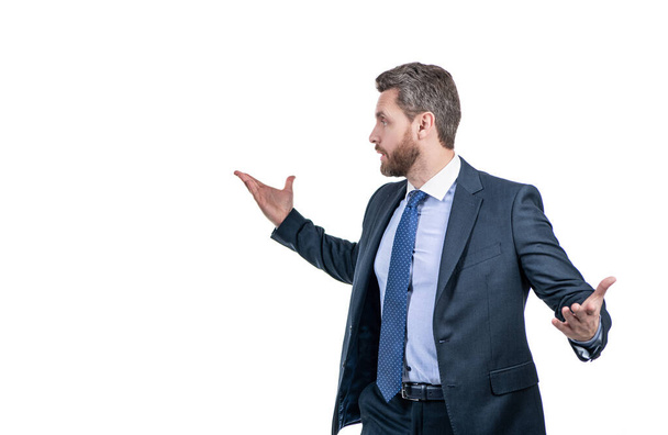 Gesticulating wildly. Businessman hold arms wide open gesticulating. Man with wide hand gesture - Photo, Image
