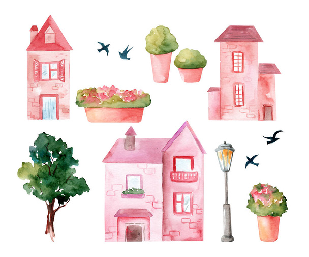 Állítsa be aranyos rajzfilm akvarell házak, virágágyások és fák, angol festmény fehér háttér - Fotó, kép
