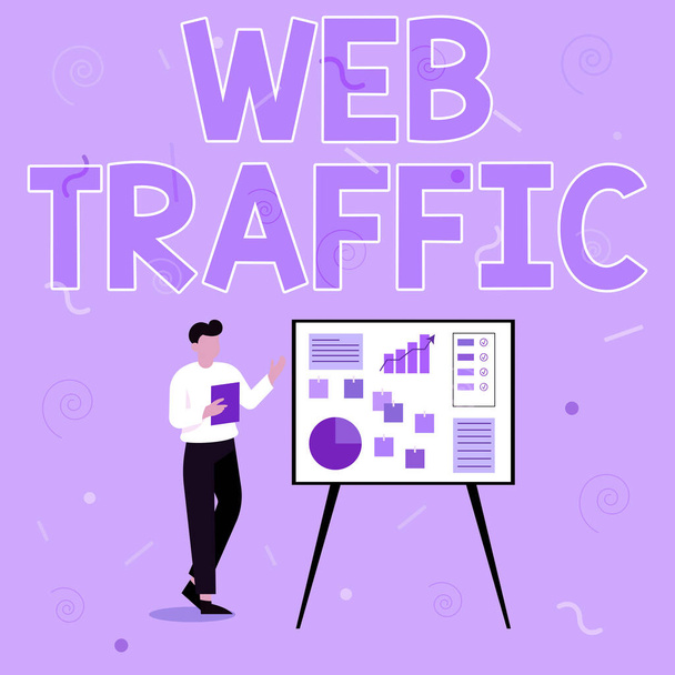 Sign displaying Web Traffic. Internet Concept amount of web users and attempted visit measured of a website Businessman Drawing Standing Presenting Ideas For Their Success. - Foto, Bild