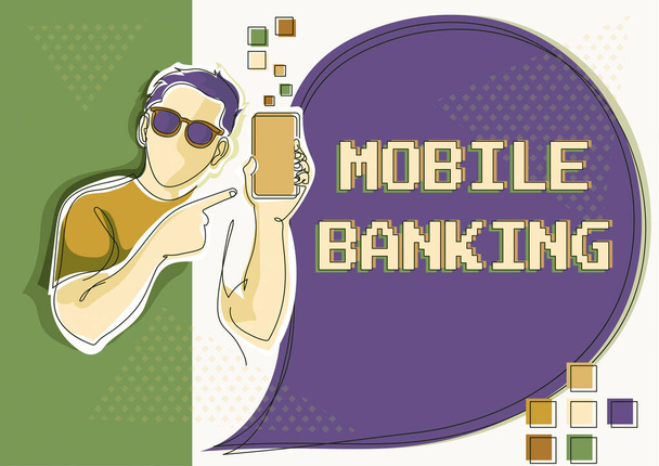 Текстовый знак "Мобильный банкинг". Бизнес-идея создания финансовых транзакций с использованием линии смартфонов для парня, держащего телефон, представляющего новые идеи с помощью речевого пузыря. - Фото, изображение