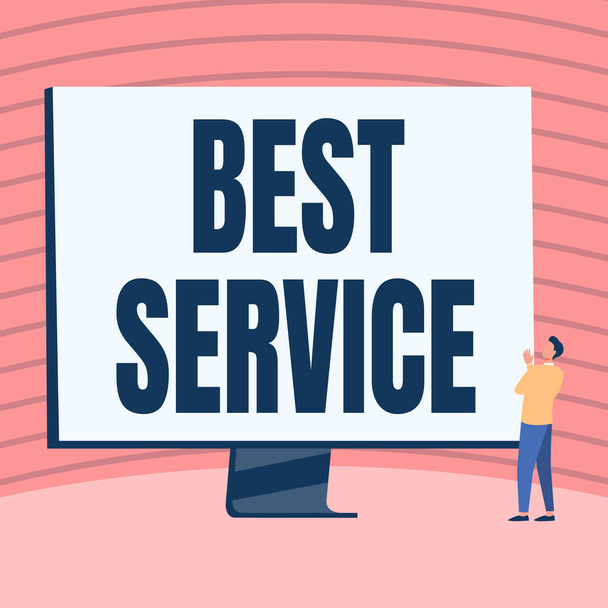 Handwriting text Best Service. Word Written on finest reviewed assistance provided by a system to its customer Man Standing Drawing Looking At Large Monitor Display Showing News. - Photo, Image