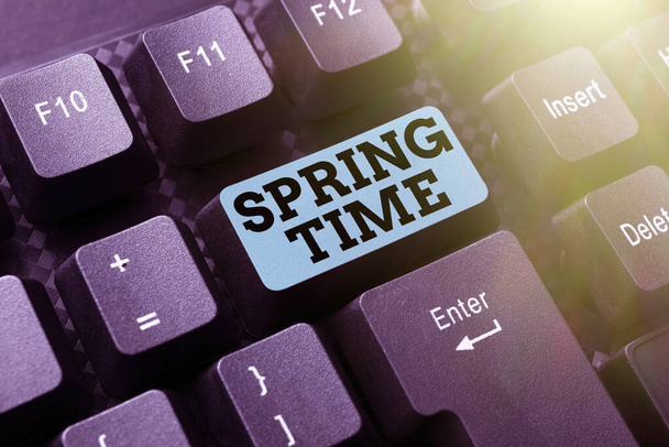 Hand writing sign Spring Time. Business idea temperate season of the year identified by a revival of plants Typing New Email Titles Concept, Drafting Internet Article Ideas - Photo, Image
