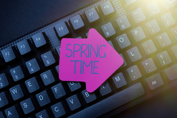 Text sign showing Spring Time. Business idea temperate season of the year identified by a revival of plants Abstract Gathering Investigation Clues Online, Presenting Internet Ideas - Photo, Image