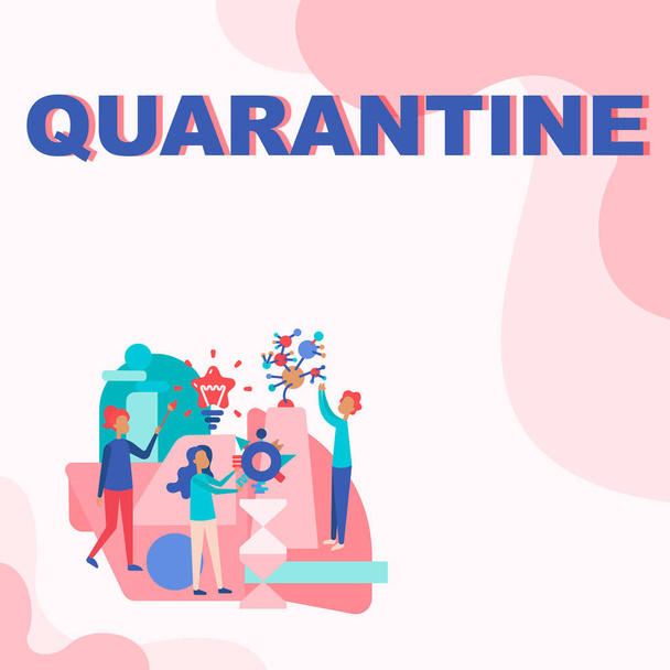 Text caption presenting Quarantine. Conceptual photo restraint upon the activities of person or the transport of goods Three Collagues Illustration Practicing Hand Crafts Together. - Foto, Imagem