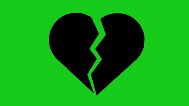 Loop animation of the black silhouette of a heart breaking in half as a concept of lovesickness. On a green chroma key background - Filmati, video