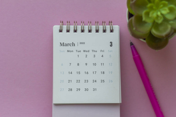 Kalendář pro březen 2022 na růžovém pozadí s kopií prostoru - Fotografie, Obrázek