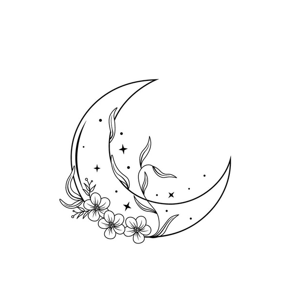 Monochrome boho moon and flowers with leaves. Mystical vector illustration isolated on white background. Outline art with crescent moon. Floral magic line art for esoteric logo, print, tattoo concept. - Διάνυσμα, εικόνα