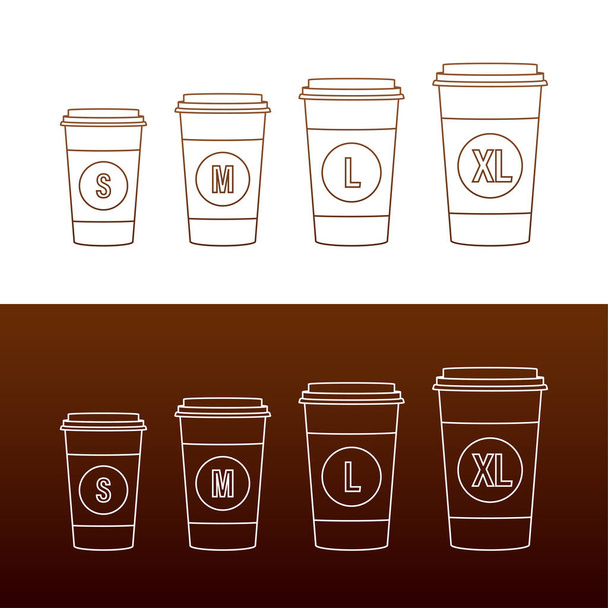 Flat template with size coffee cups on white background for paper design. Mockup template. Flat line vector illustration. - Vetor, Imagem