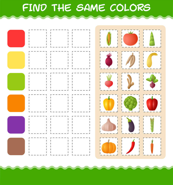 Βρείτε τα ίδια χρώματα των λαχανικών. Αναζήτηση και ταίριασμα του παιχνιδιού. Εκπαιδευτικό παιχνίδι για παιδιά προσχολικής ηλικίας και νήπια - Διάνυσμα, εικόνα