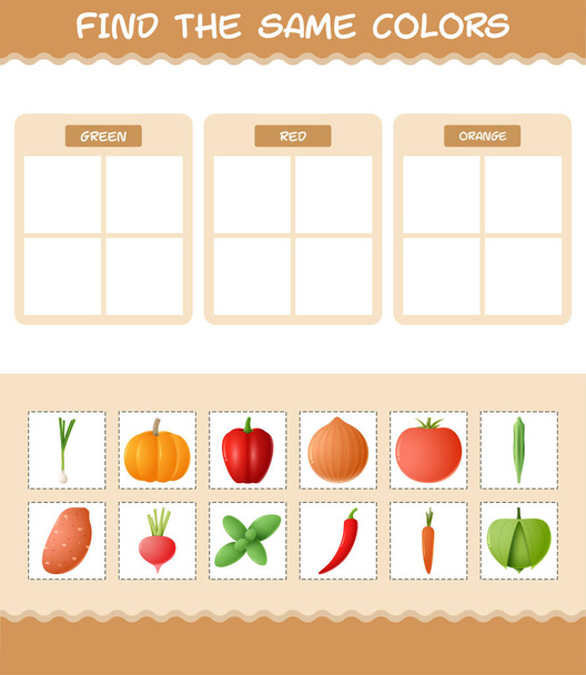 Finden Sie die gleichen Farben von Gemüse. Such- und Matching-Spiel. Lernspiel für Kinder und Kleinkinder im Vorschulalter - Vektor, Bild