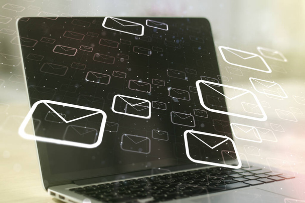 Creative concept of postal envelopes illustration on modern laptop background. Email and communications concept. Multiexposure - Foto, Bild