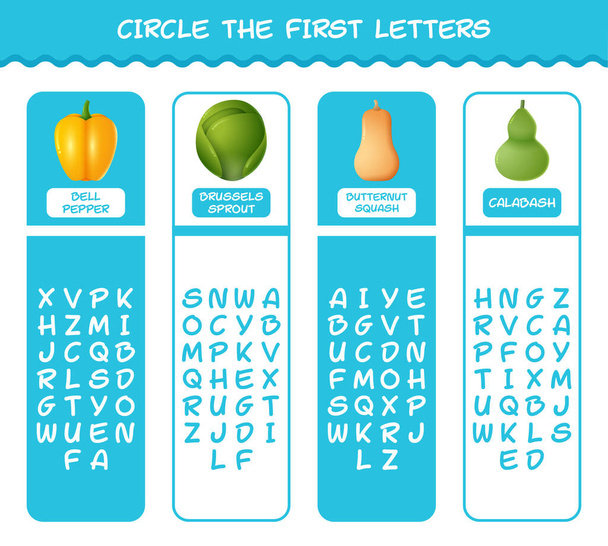 Kroužit první písmena kreslené zeleniny. Odpovídající hra. Vzdělávací hra pro děti a batolata předškolního věku - Vektor, obrázek