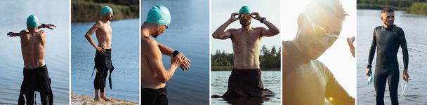 コラージュ。川のオープンウォーターで泳ぐ前にプロの選手。夏の日にビーチでトライアスロンを練習する水泳用具を身に着けている男. - 写真・画像
