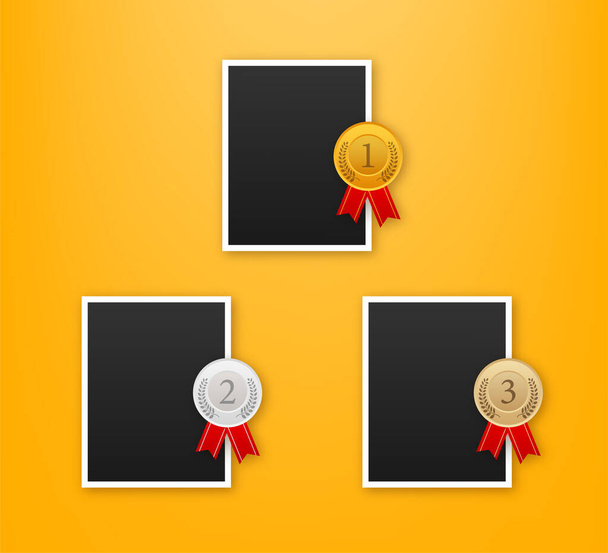 Trophy and frame realistic compostion. 3d photo award place for flyer design. Vector illustration. - Vector, afbeelding
