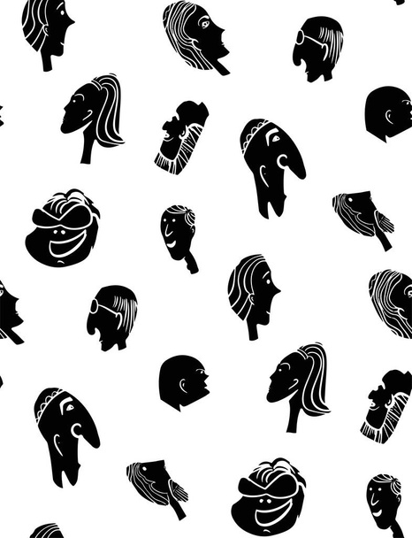 seamless pattern with cartoon people faces in black and white color - ベクター画像